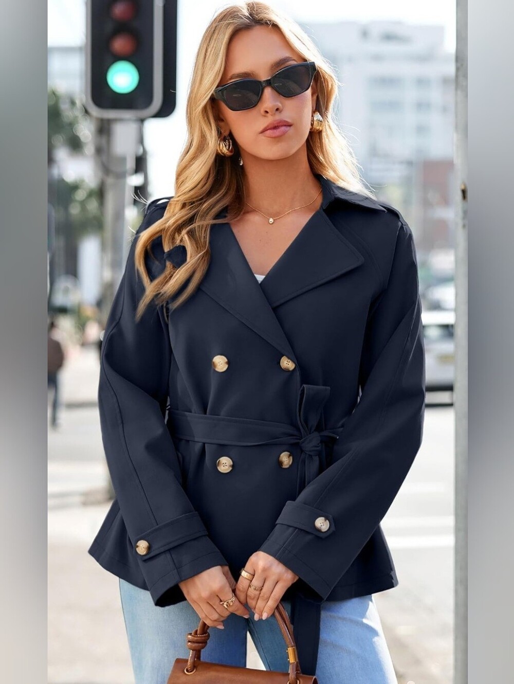 NWT Navy Blue Belted Double Breasted Short Trench Coat Large